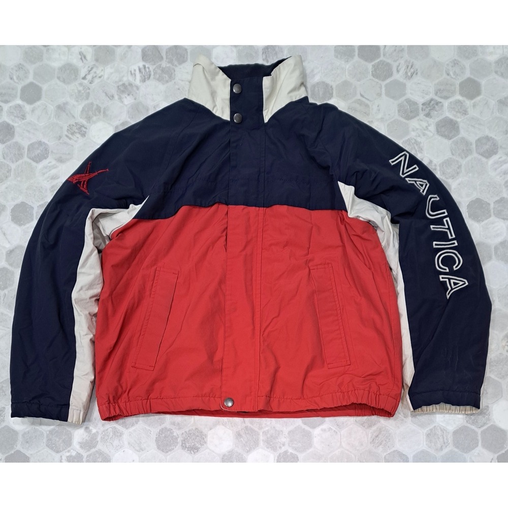 Vintage Vintage Nautica Sailing Puffer Jacket Sz Large White Blue Embroidered